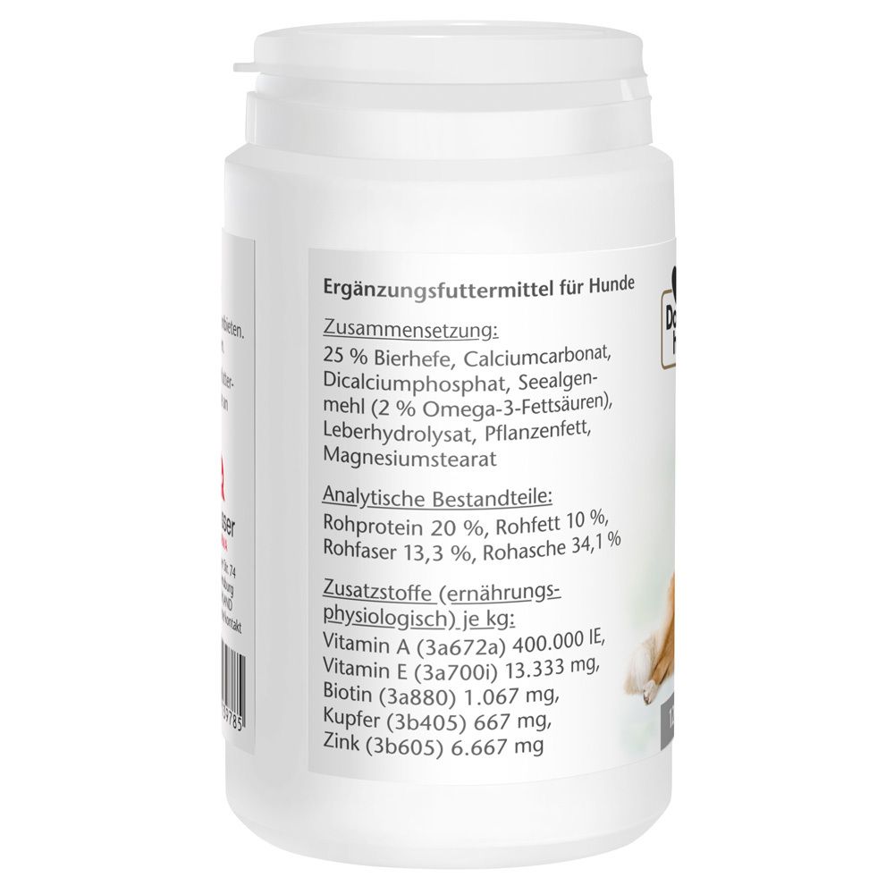 Rückseite der Dose mit Inhaltsstoffen und Nährwertangaben. Enthält Bierhefe, Vitamine und Mineralien. Text in deutscher Sprache.