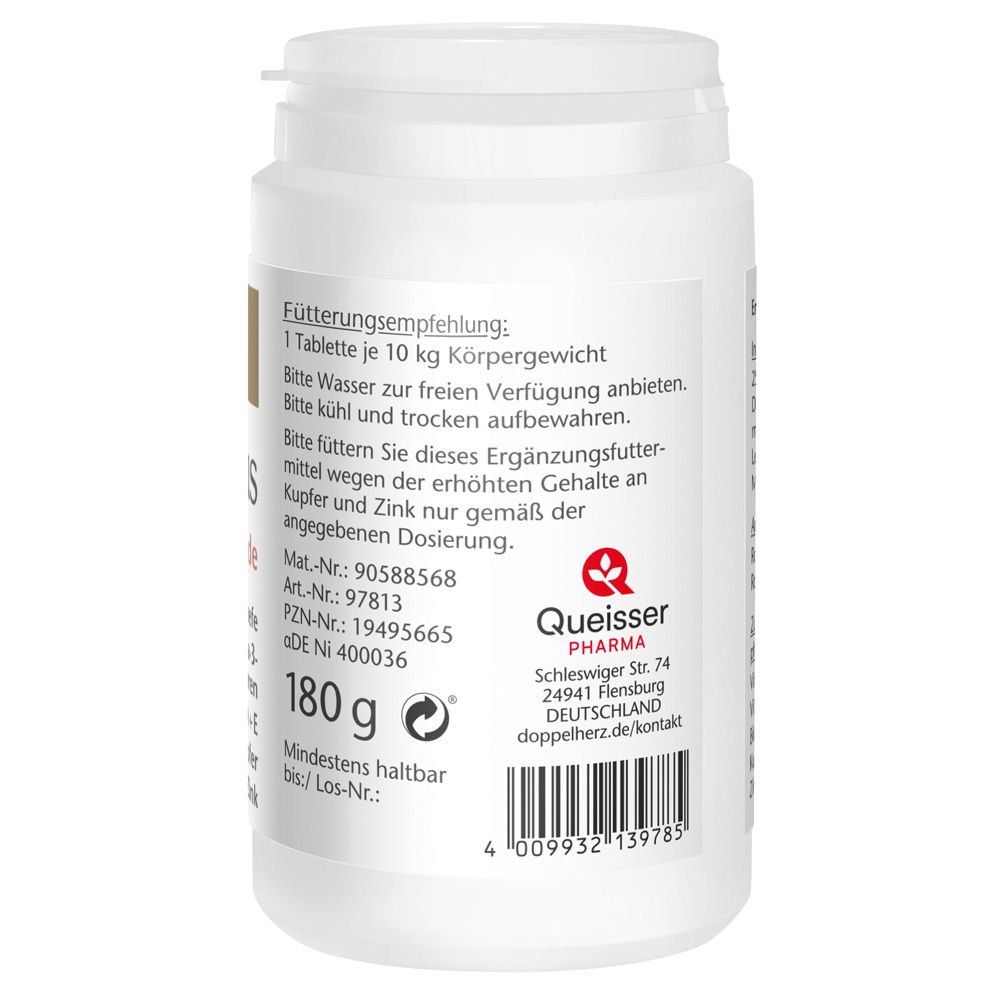 Rückseite der Dose mit Fütterungsempfehlung und Herstellerinformationen. Enthält 180g. Text in deutscher Sprache.