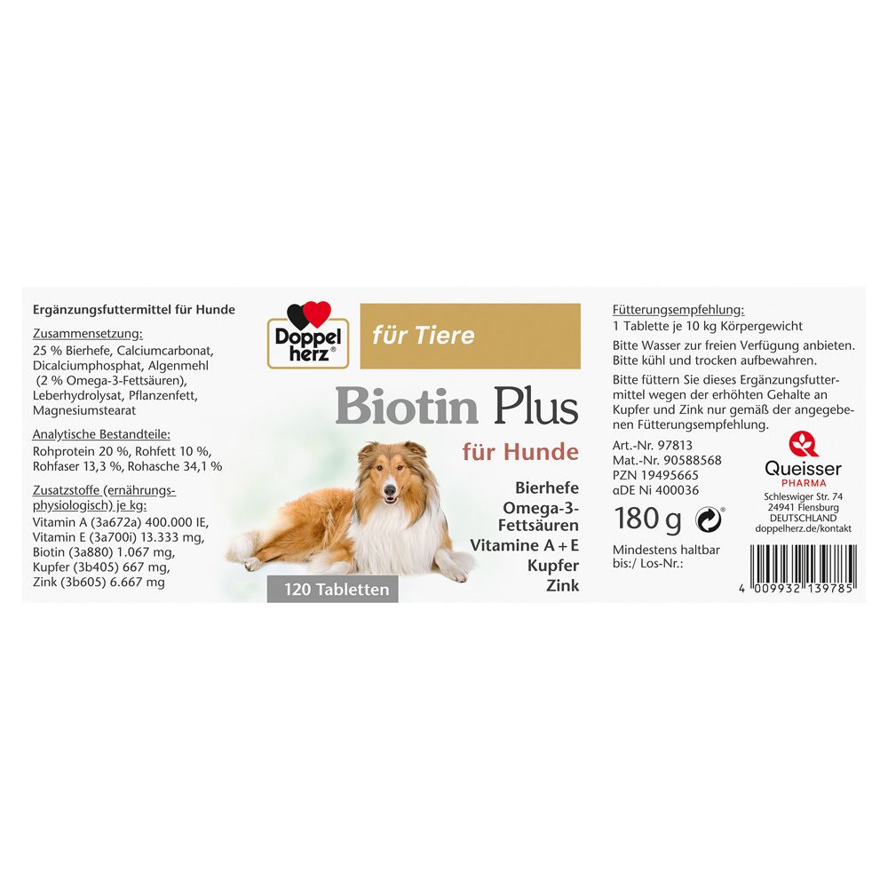 Dose "Biotin Plus für Hunde" mit Hund. Enthält 120 Tabletten. Aufschrift "180 g". Hersteller: Queisser Pharma.