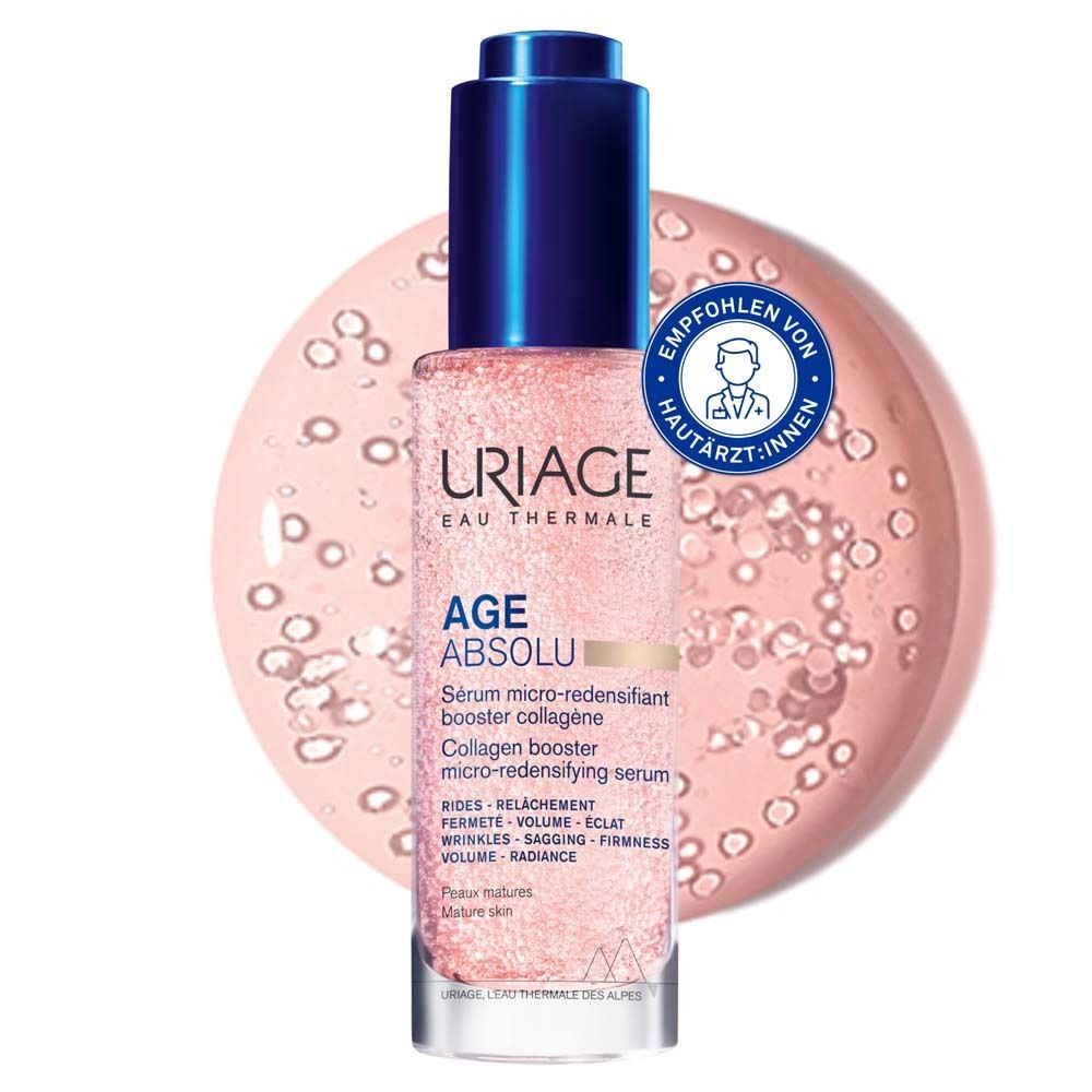 Rosa Serumflasche mit blauem Deckel. Uriage Age Absolu. Text: Serum micro-redensifiant booster collagène.