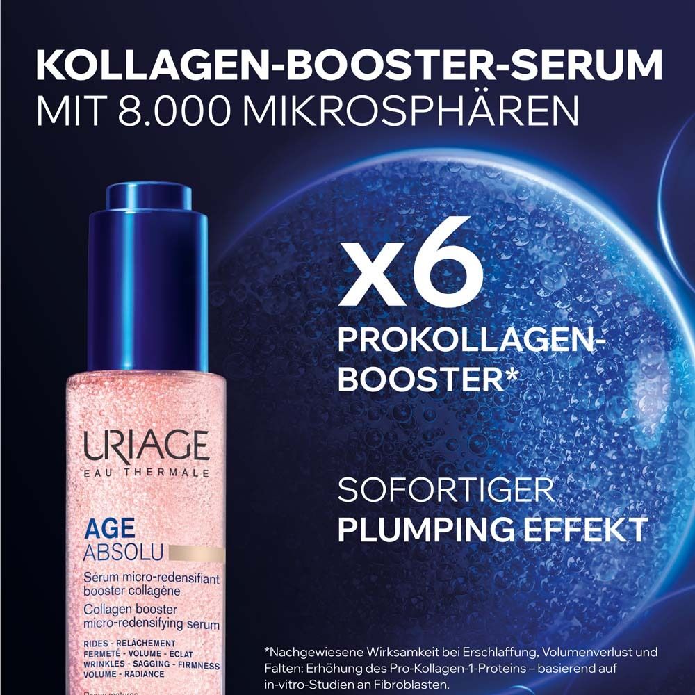 Rückseite der Serumflasche. Text: Uriage, Age Absolu, 30ml, entwickelt und empfohlen von Dermatologen.
