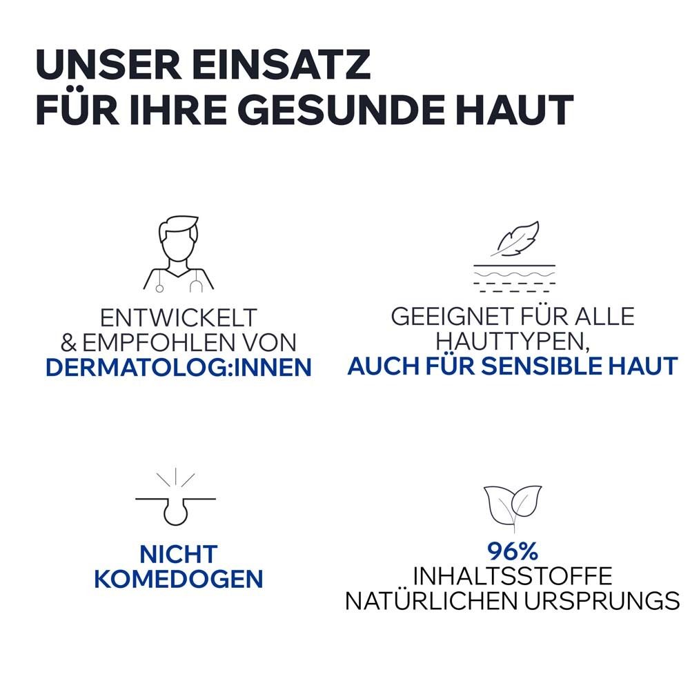 Infografik. Text: Entwickelt und empfohlen von Dermatologen, für empfindliche Haut, nicht komedogen, 96% natürlichen Ursprungs.