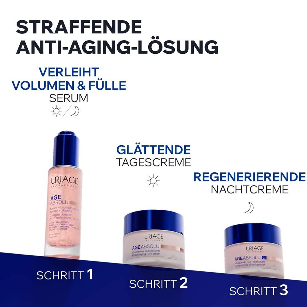 Drei Produkte: Augenkontur, Serum, Tagescreme, Nachtcreme. Uriage Age Absolu.