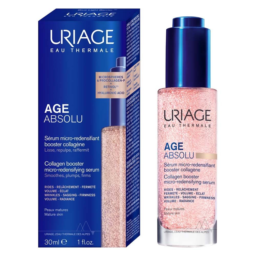 Rosa Serumflasche mit blauem Deckel. Uriage Age Absolu. Text: Serum micro-redensifiant booster collagène.