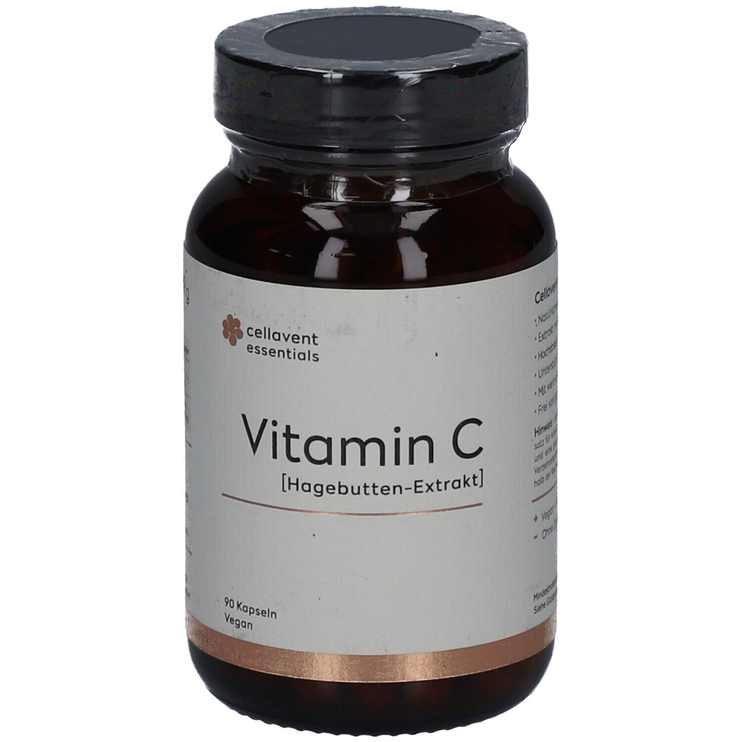 Braune Glasflasche mit schwarzen Deckel. Etikett mit "Vitamin C" und "Hagebutten-Extrakt". 90 Kapseln, vegan.