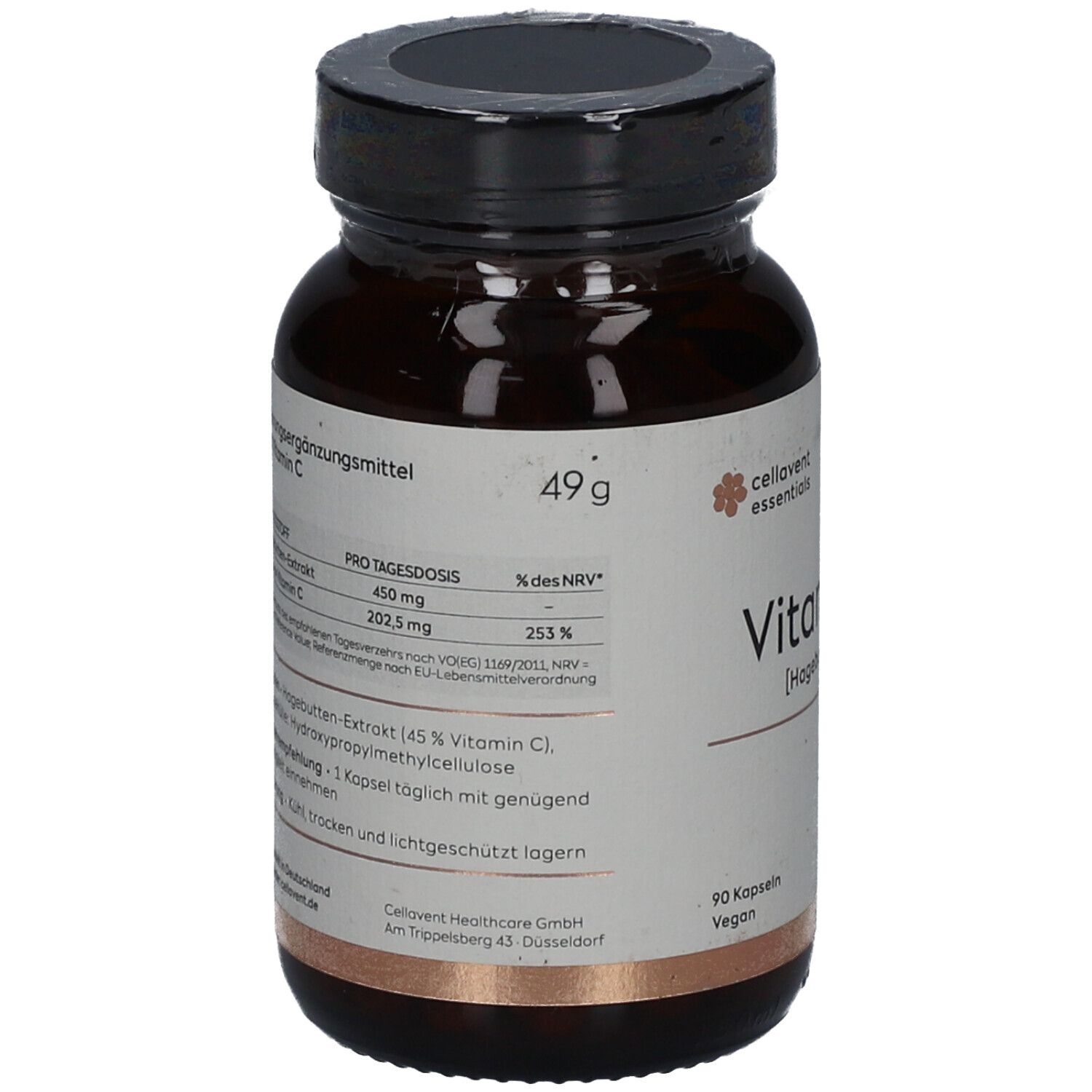 Braune Glasflasche mit Etikett. Enthält Informationen zu Vitamin C, 49g, 90 Kapseln. Vegan. Mit Inhaltsangaben.