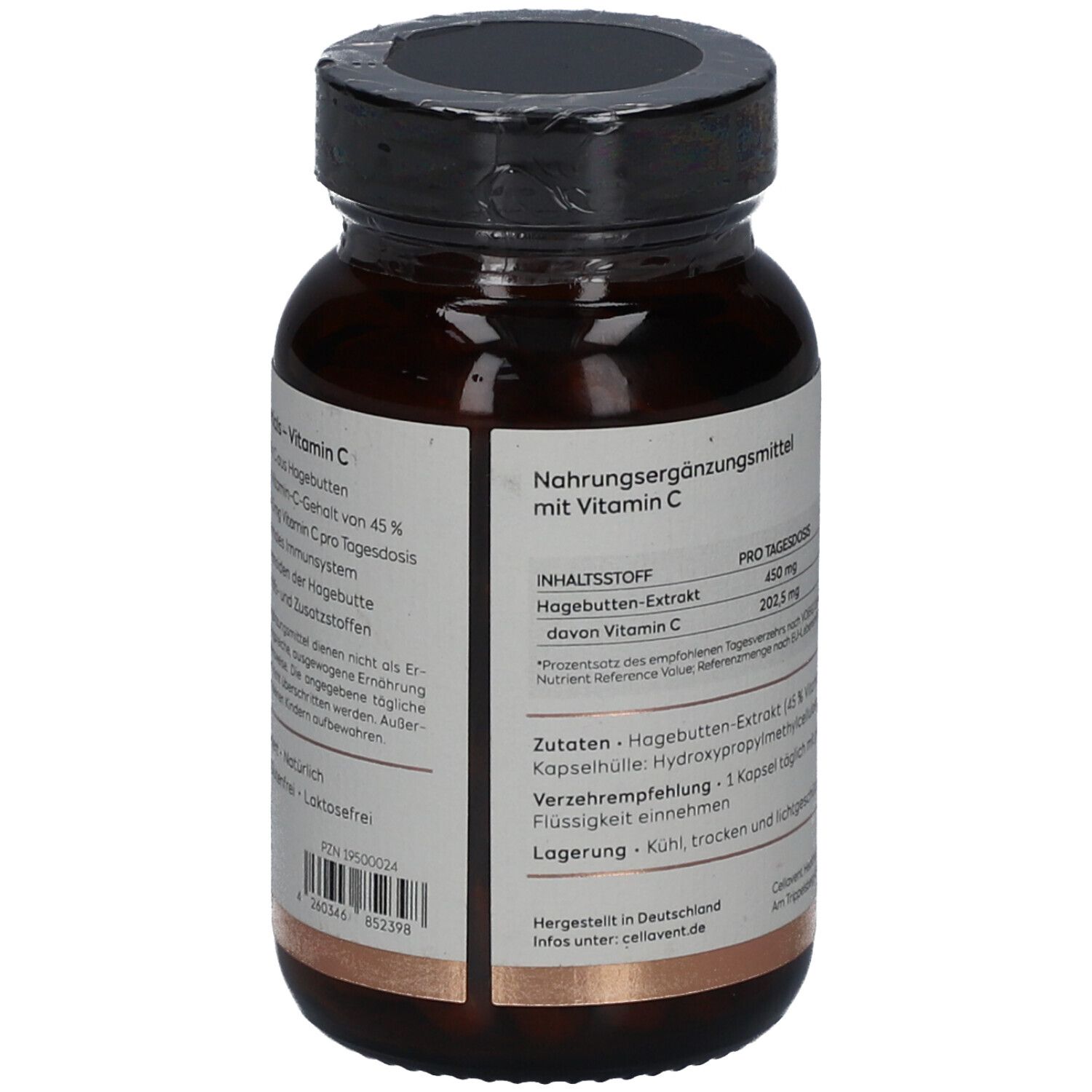 Braune Glasflasche mit Etikett. Enthält Informationen zu Vitamin C. Inhaltsstoffe, Dosierung, Lagerungshinweise.