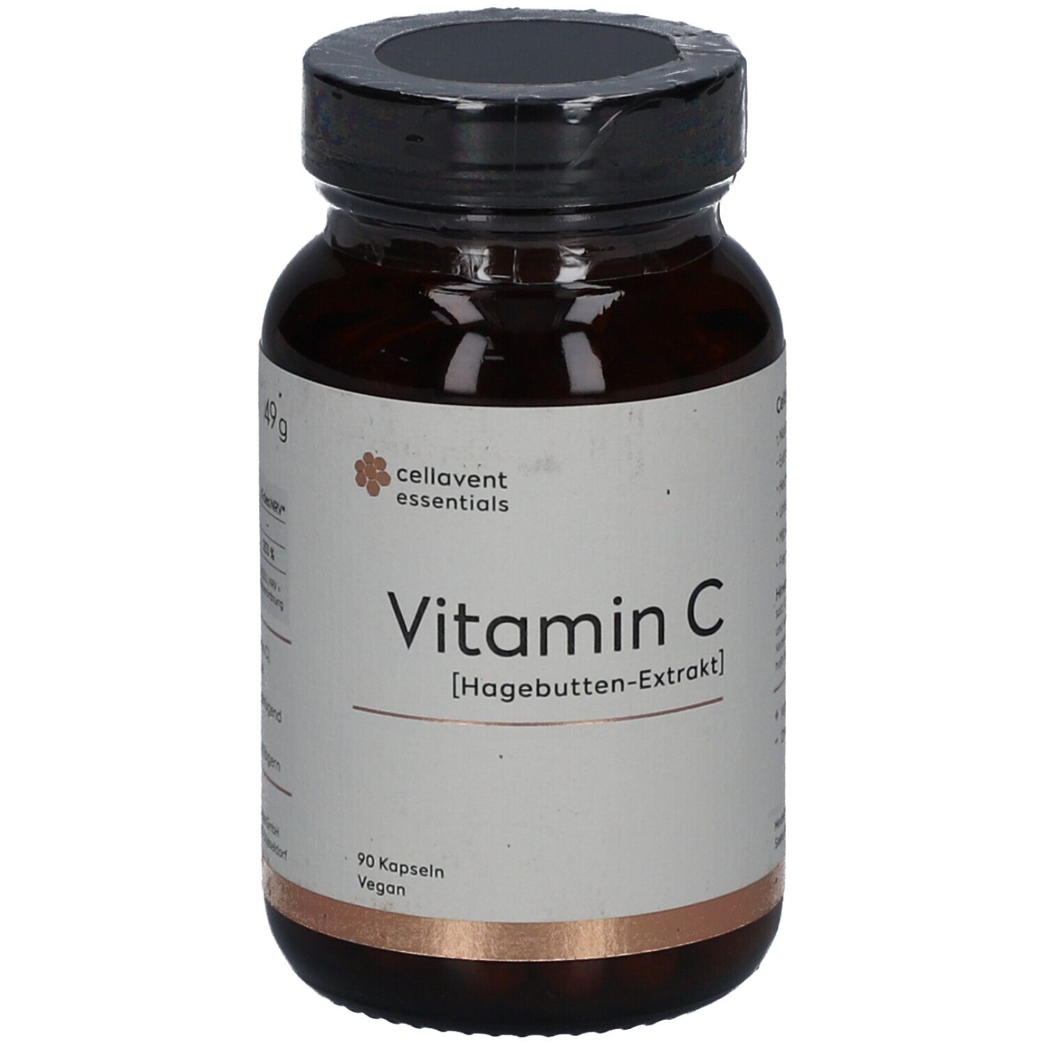 Braune Glasflasche mit schwarzem Deckel. Etikett mit "Vitamin C" und "Hagebutten-Extrakt". 90 Kapseln, vegan.