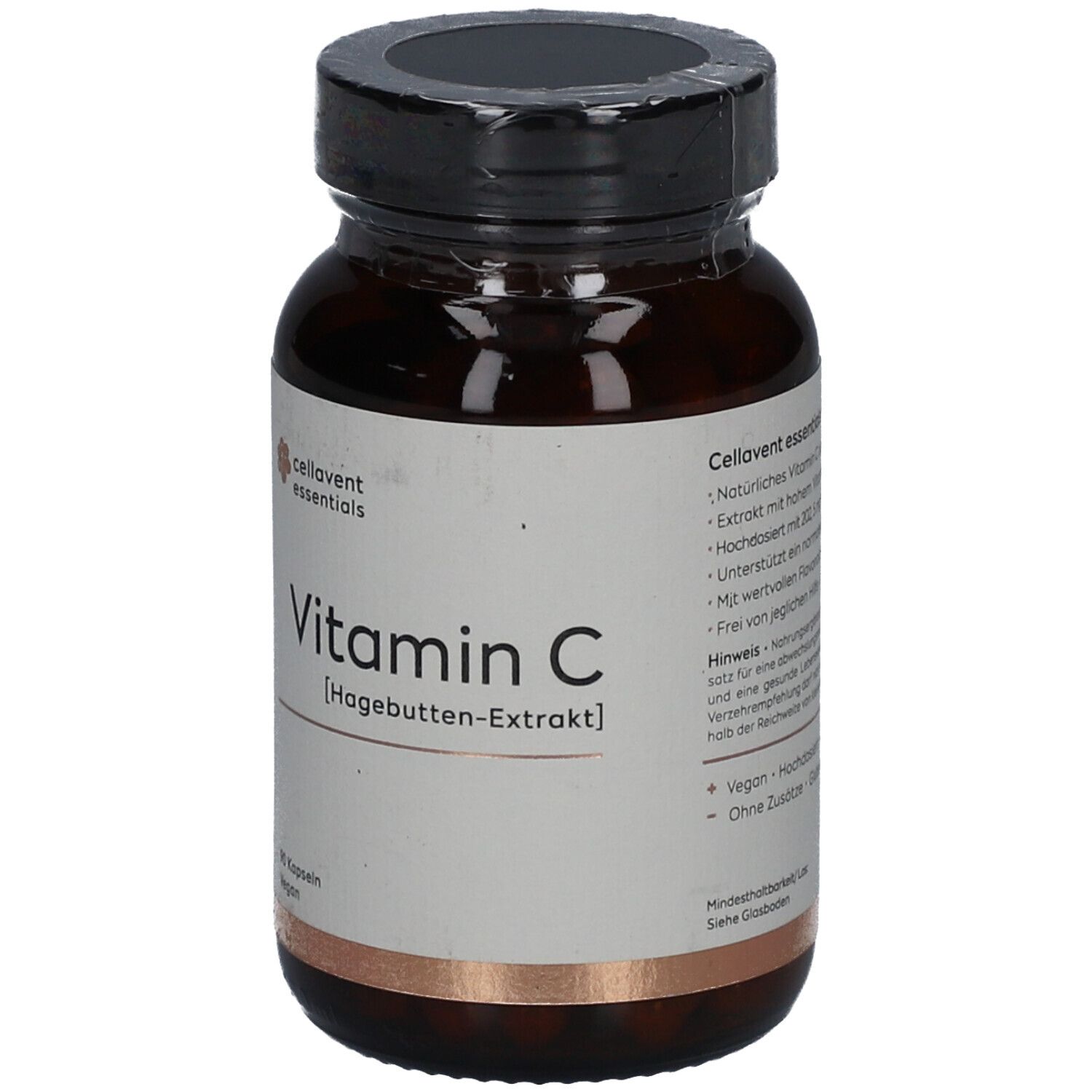 Braune Glasflasche mit schwarzem Deckel. Etikett mit "Vitamin C" und "Hagebutten-Extrakt". 90 Kapseln, vegan.