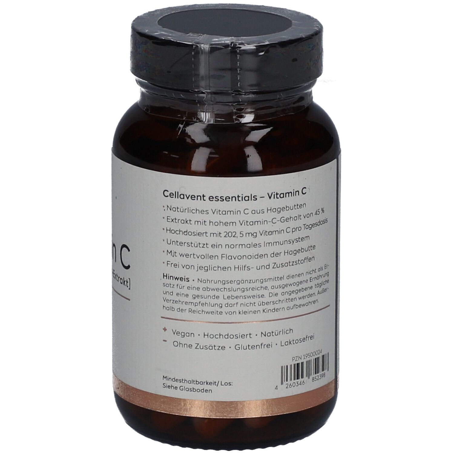 Braune Glasflasche mit Etikett. Enthält Informationen zu Vitamin C. Vegan, ohne Zusätze, glutenfrei, laktosefrei.