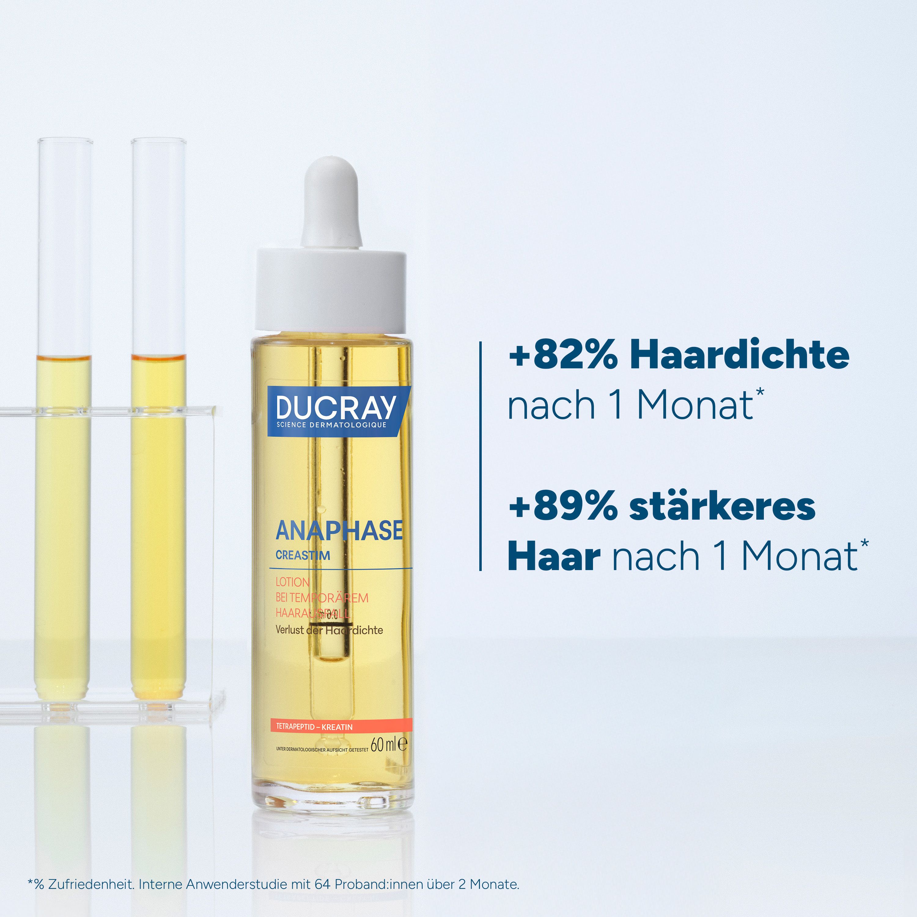Flüssigkeit in einer Glasflasche mit Pipette. Aufschrift: DUCRAY, ANAPHASE CREASTIM. Text: +82% Haardichte.