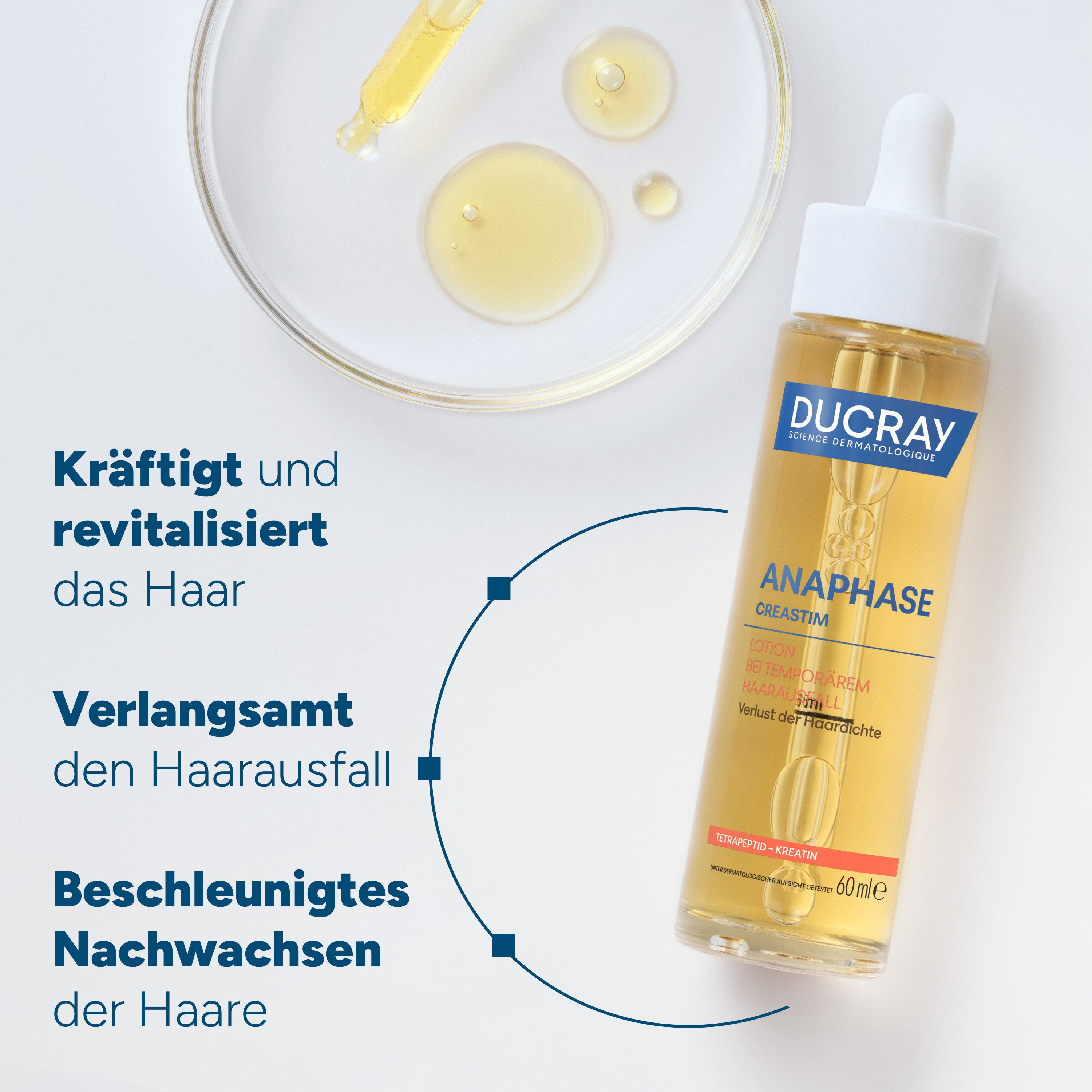 Flüssigkeit in Glasflasche mit Pipette. Aufschrift: DUCRAY, ANAPHASE CREASTIM. Text: Kräftigt und revitalisiert das Haar.