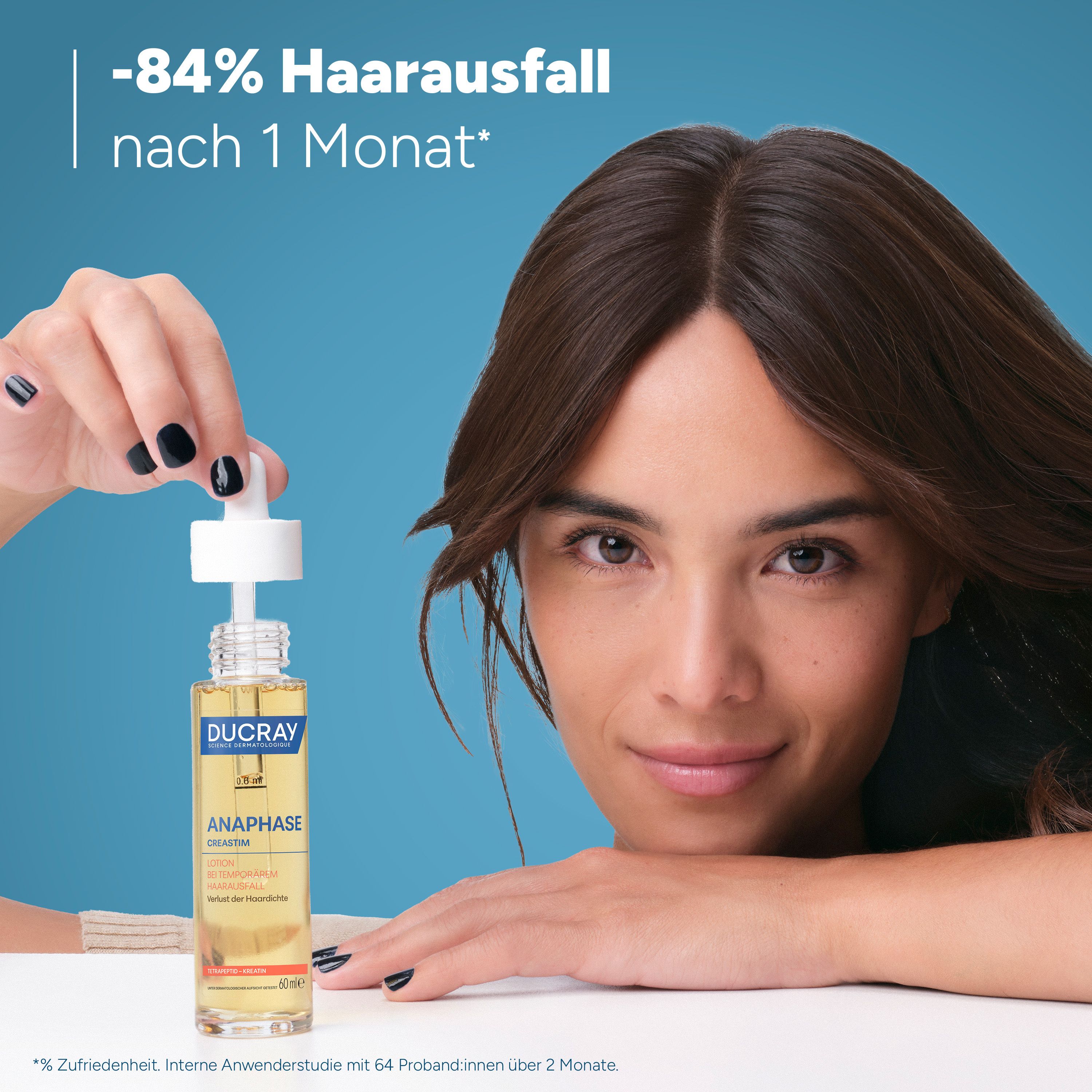 Frau mit Flasche. Aufschrift: DUCRAY, ANAPHASE CREASTIM. Text: -84% Haarausfall nach 1 Monat.
