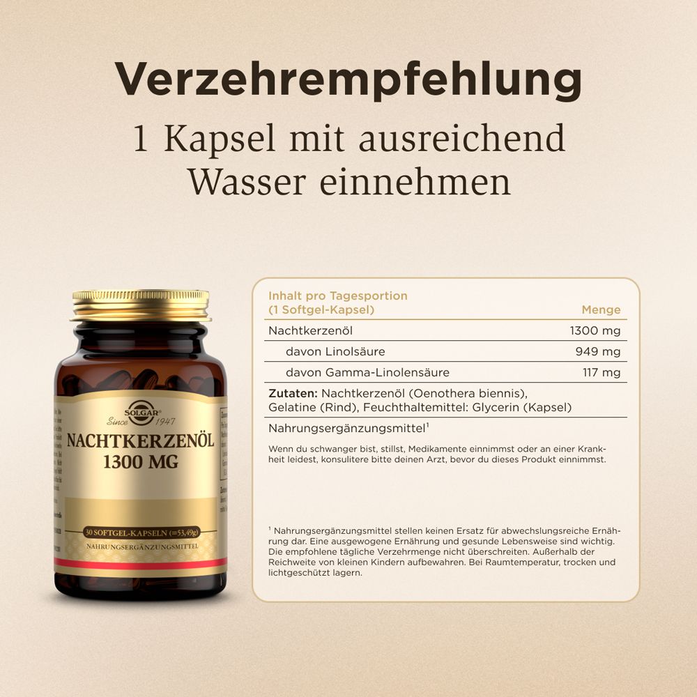 Text: Verzehrempfehlung: 1 Kapsel mit Wasser einnehmen. Tabelle mit Inhaltsstoffen: Nachtkerzenöl 1300 mg.