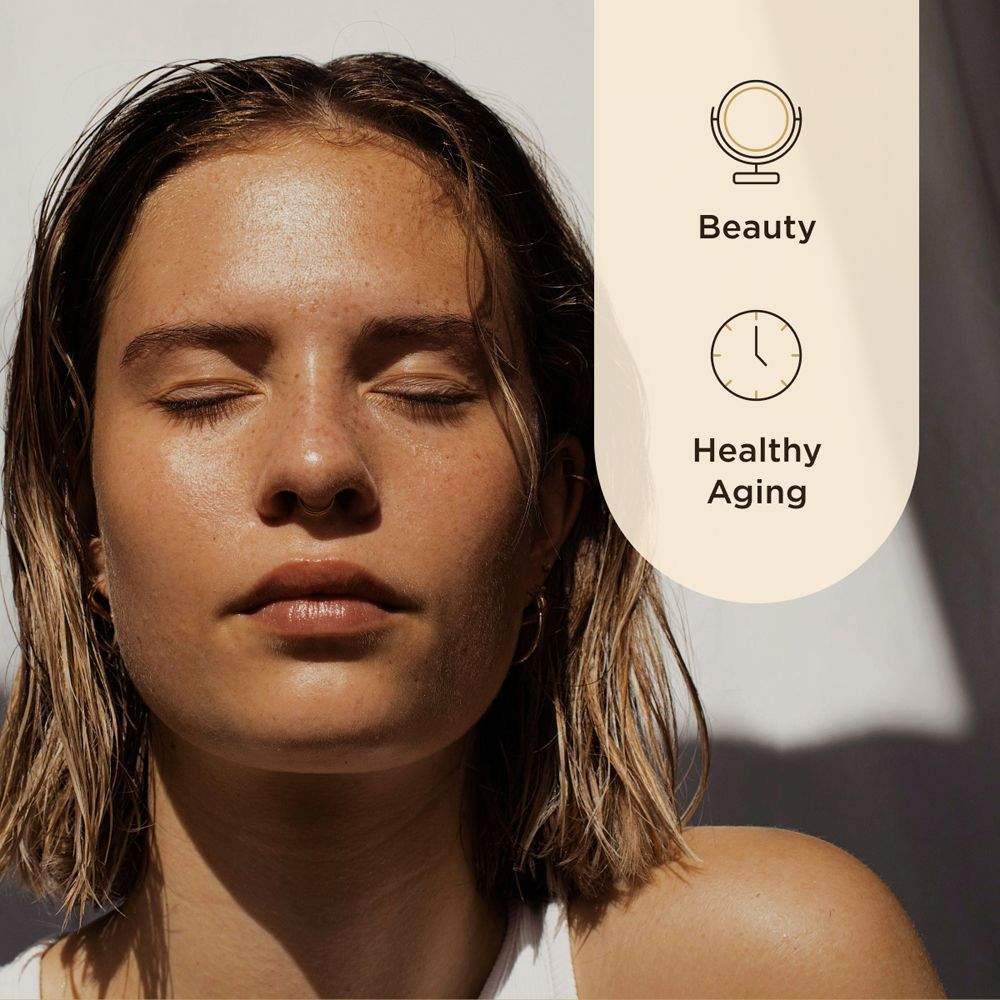Porträt einer Frau mit geschlossenen Augen. Text: Beauty, Healthy Aging.