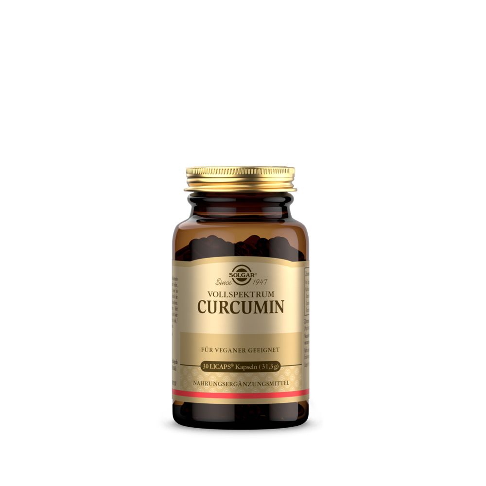 Braune Glasflasche mit goldfarbenem Deckel. Aufschrift: VOLLSPEKTRUM CURCUMIN. Für veganer geeignet. Nahrungsergänzungsmittel.