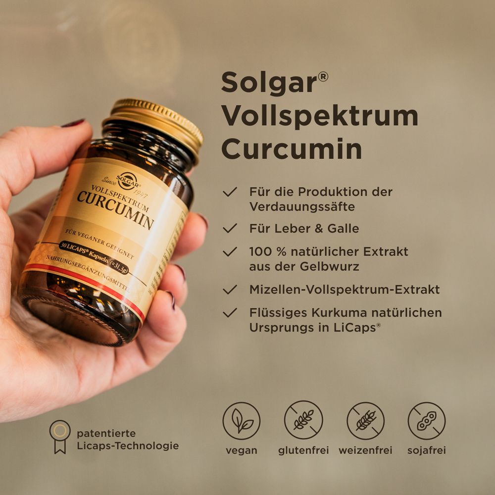 Hand hält braune Flasche mit goldfarbenem Deckel. Text: Solgar Vollspektrum Curcumin. Vegan, glutenfrei, weizenfrei, sojafrei.