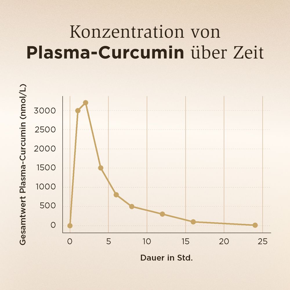 Diagramm: Konzentration von Plasma-Curcumin über Zeit. Kurve zeigt Anstieg und Abfall der Konzentration.