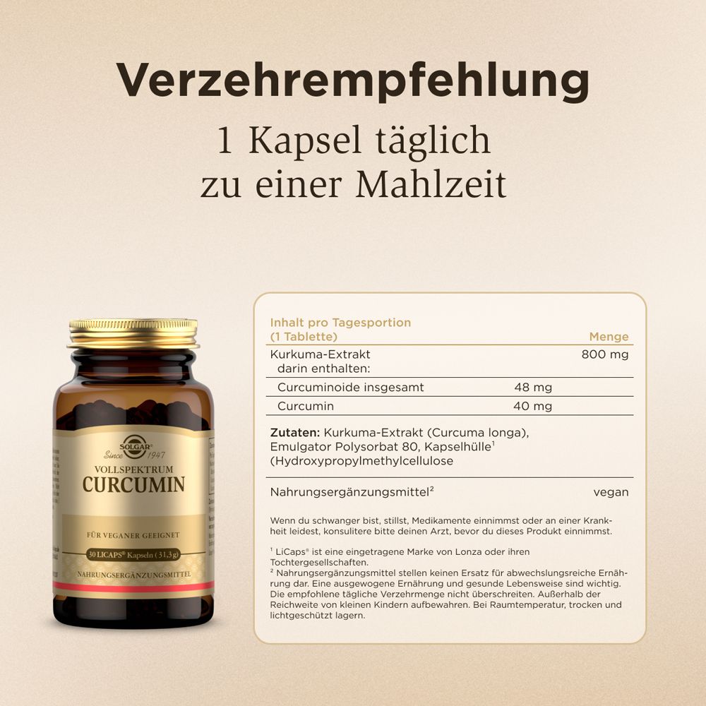 Empfehlung: 1 Kapsel täglich zu einer Mahlzeit. Inhaltsstoffe: Kurkuma-Extrakt, Curcuminoide, Curcumin. Vegan.