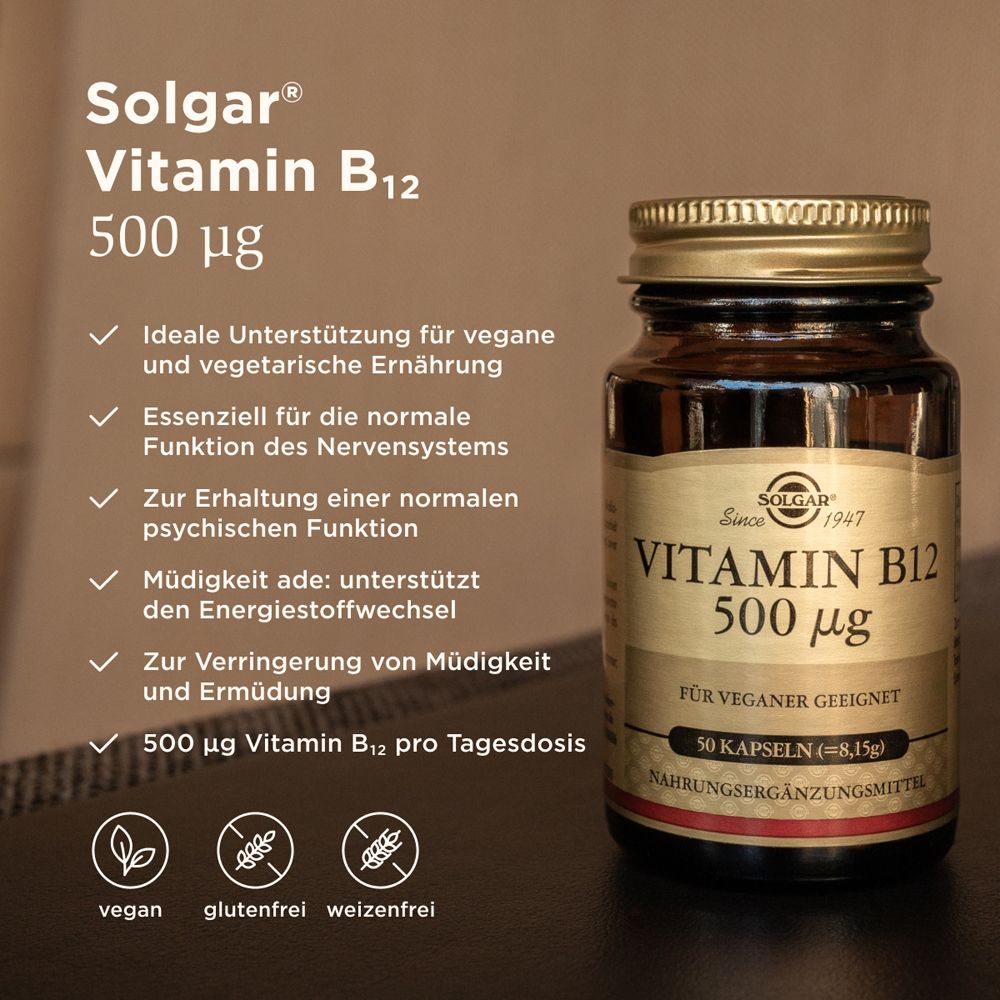 Produktabbildung mit Text: Solgar Vitamin B12 500 µg. Vegan, glutenfrei, weizenfrei. Unterstützt Energie und Nervensystem.