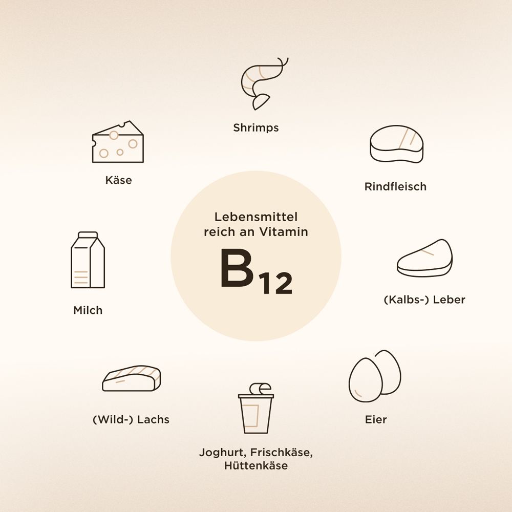 Grafik mit Lebensmitteln: Käse, Shrimps, Rindfleisch, Milch, Lachs, Joghurt, Eier, Leber. Text: Vitamin B12.
