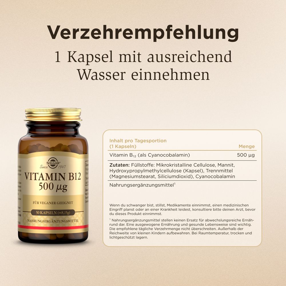 Flasche Solgar Vitamin B12 500 µg. Text: 1 Kapsel mit Wasser einnehmen. Zutatenliste und Nährwertangaben.