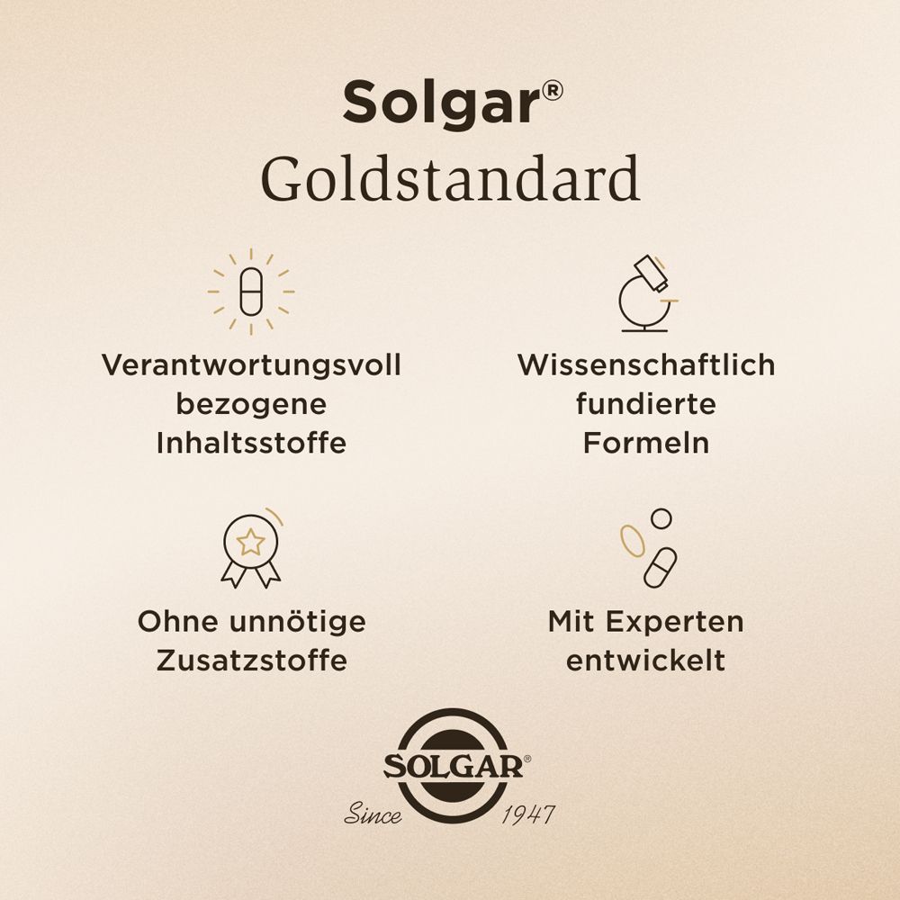 Text: Solgar Goldstandard. Verantwortungsbewusste Inhaltsstoffe, wissenschaftlich fundierte Formeln, ohne unnötige Zusätze.