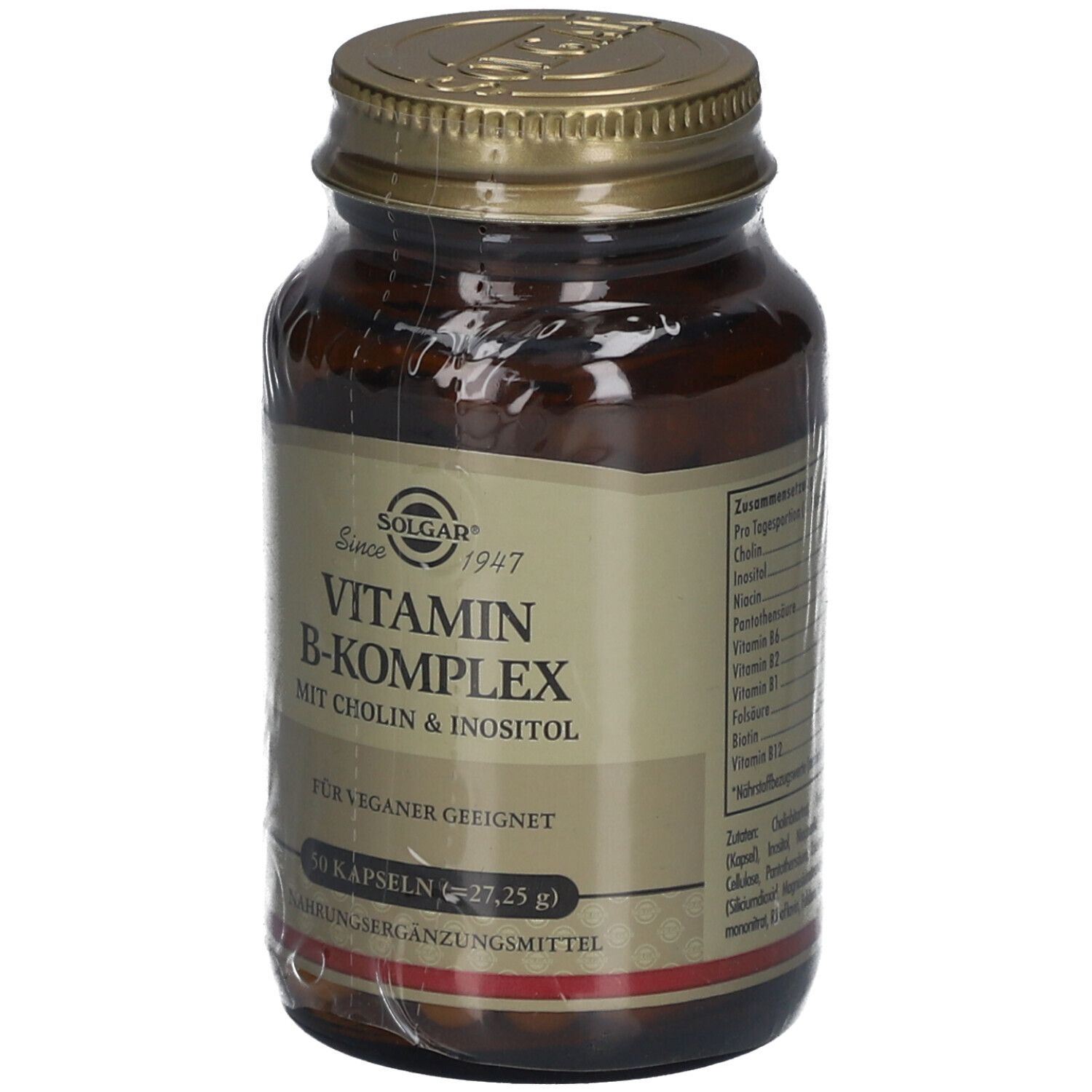 Braune Glasflasche mit goldfarbenem Deckel. Etikett mit "Solgar Vitamin B-Komplex". Für Veganer geeignet. 50 Kapseln.
