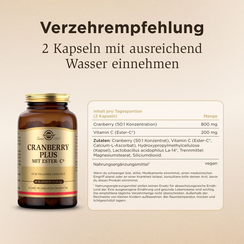 Text: Verzehrempfehlung: 2 Kapseln mit ausreichend Wasser einnehmen. Inhaltsstoffe und Nährwertangaben.