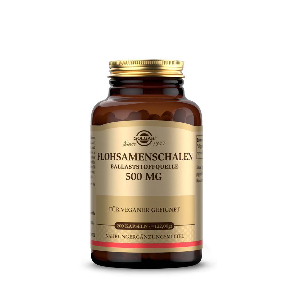 Braune Glasflasche mit goldfarbenem Deckel. Etikett mit Produktinformationen: Flohsamenschalen 500 mg. Vegan.