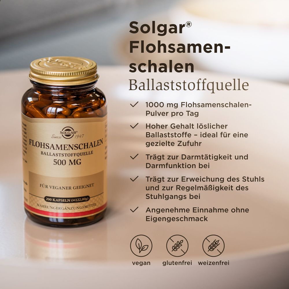 Braune Flasche mit Kapseln. Text: Solgar Flohsamenschalen. Vorteile: 1000 mg Flohsamenschalen-Pulver, glutenfrei, vegan.