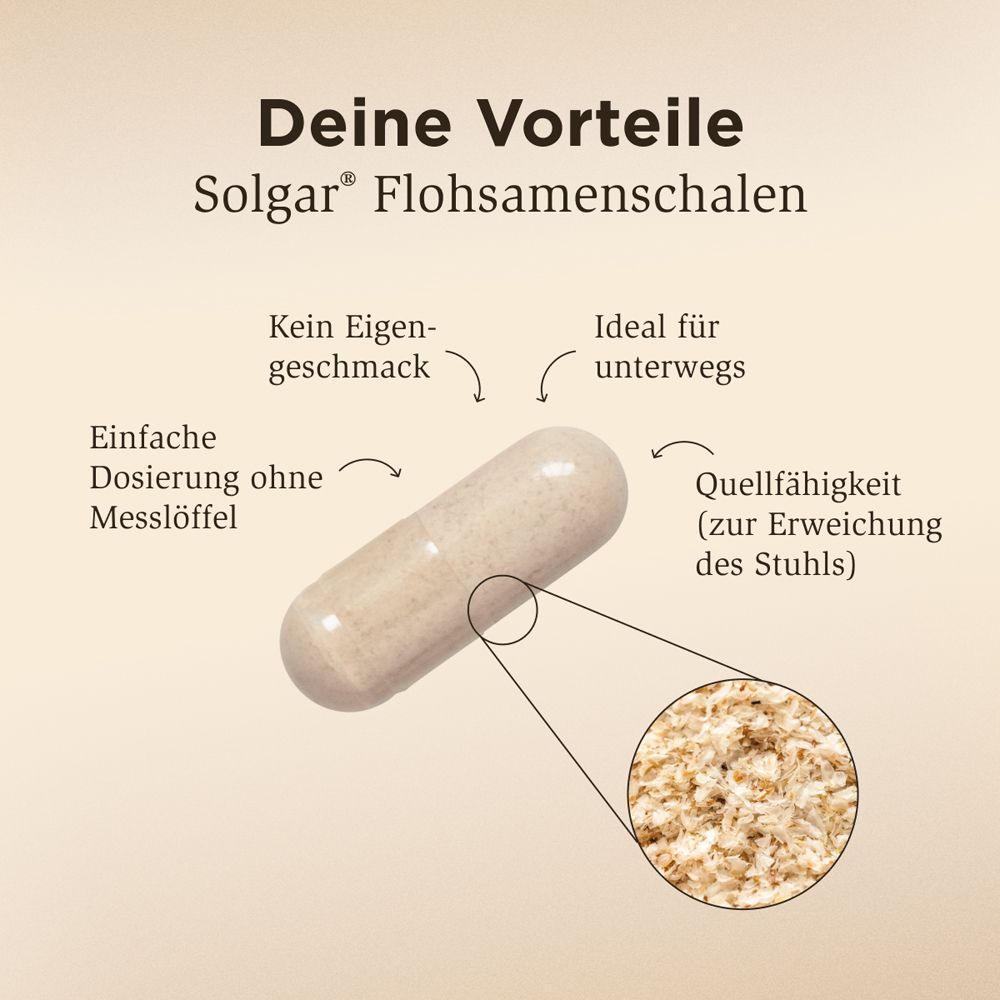 Kapsel und Flohsamenschalen. Text: Vorteile: einfache Dosierung, kein Geschmack, Quellfähigkeit.