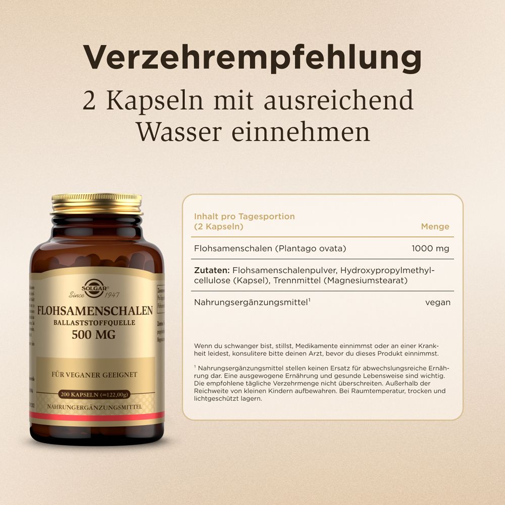 Flasche und Text: Verzehrempfehlung: 2 Kapseln mit Wasser. Inhaltsstoffe, vegan.