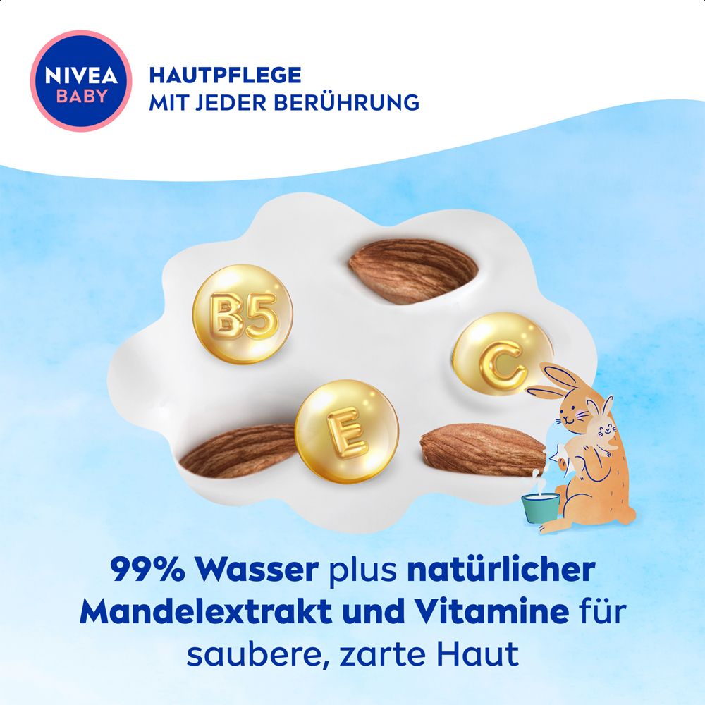 NIVEA BABY Aqua Feuchttücher: 99% Wasser, natürlicher Mandel-Extrakt und Vitamine für zarte Haut.
