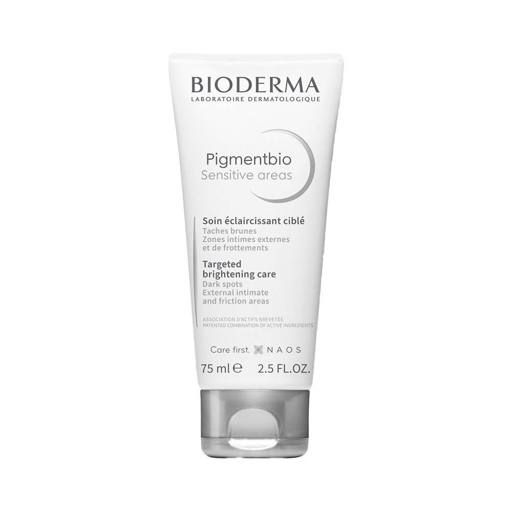 Weiße Tube mit BIODERMA Pigmentbio Sensitive areas. Text und Logo auf der Tube. 75 ml.