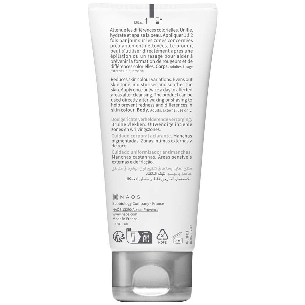 Rückseite der Tube BIODERMA Pigmentbio Sensitive areas. Text in mehreren Sprachen.