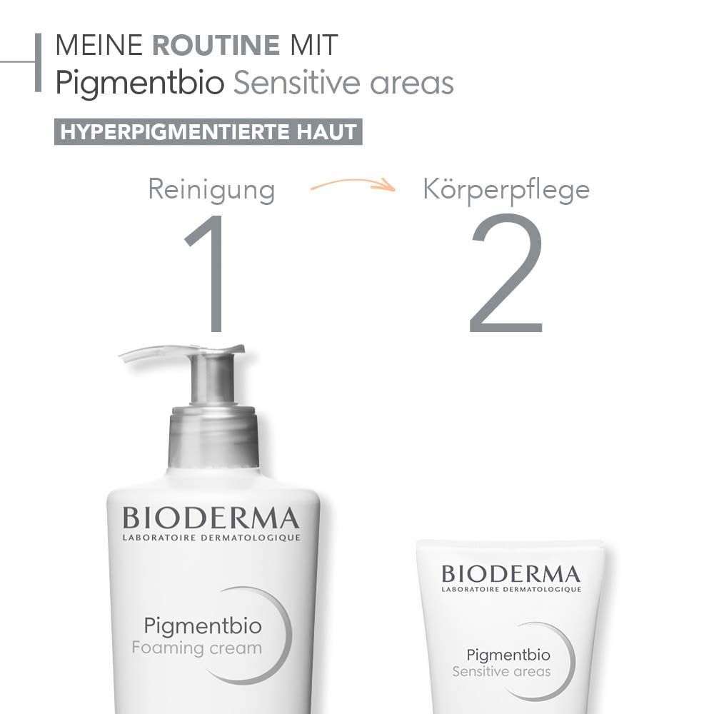 BIODERMA Produkte: Foaming cream und Sensitive areas. Anwendungsbeispiel für hyperpigmentierte Haut.
