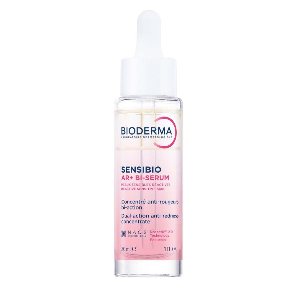 BIODERMA Sensibio AR+ Bi-Serum. Flasche mit Pipette. Rosa und transparente Flüssigkeit.