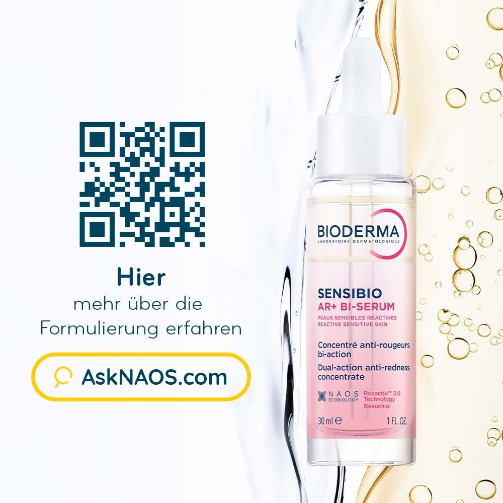 BIODERMA Sensibio AR+ Bi-Serum. Flasche mit QR-Code und AskNAOS.com-Adresse.