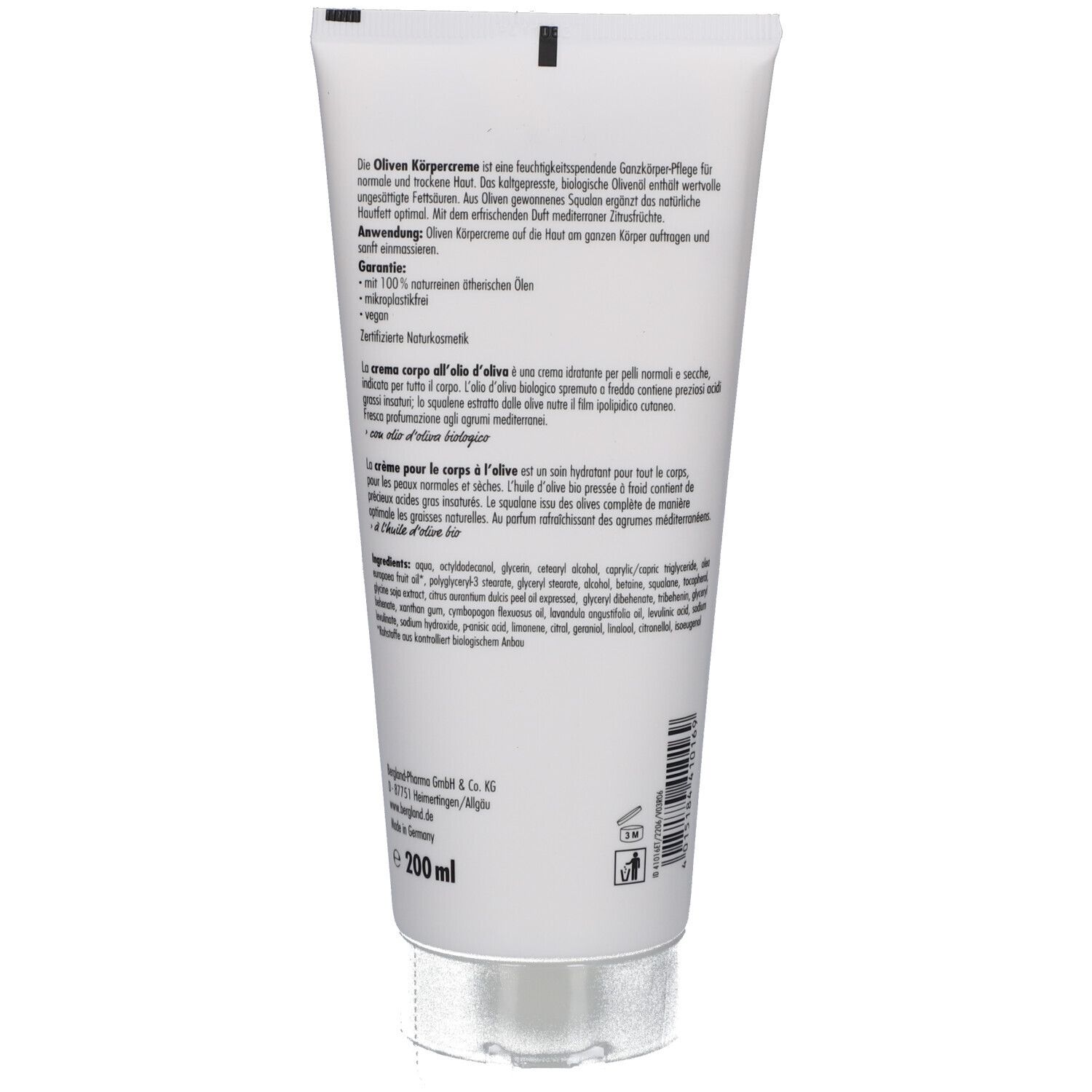 Rückseite der Tube. Text in Deutsch, Italienisch und Französisch. Inhaltsstoffe und Herstellerangaben. 200ml.