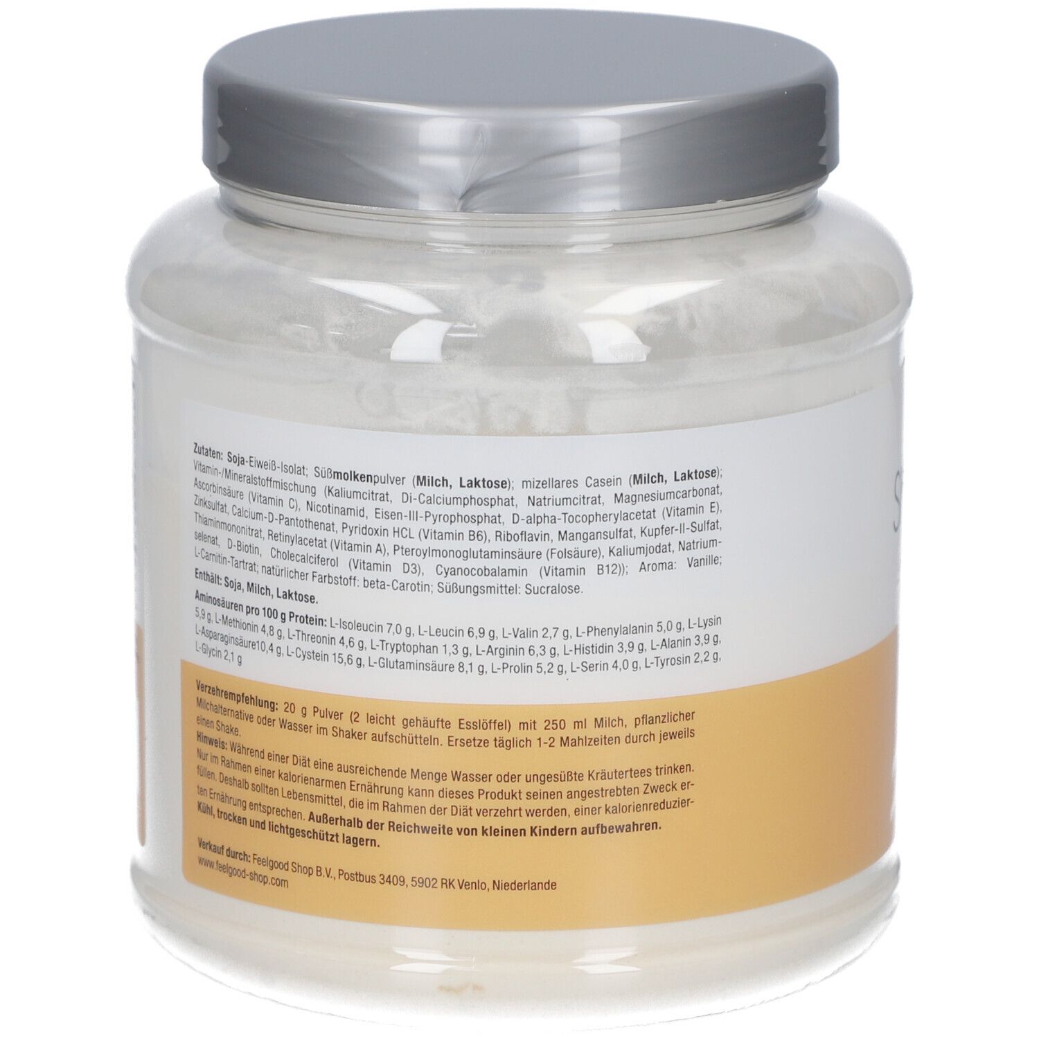 Rückseite des Glases mit Text. Enthält Nährwertangaben, Zutaten und Anwendungshinweise.