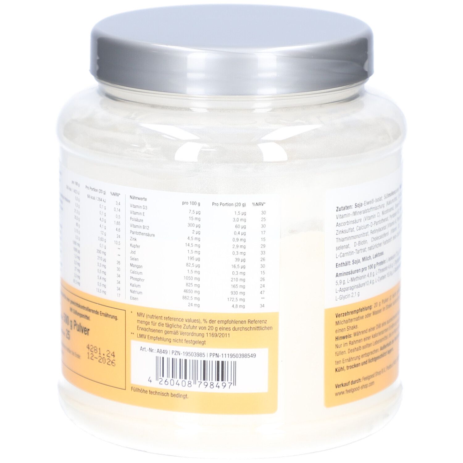 Rückseite des Glases mit Text. Enthält Nährwertangaben, Zutaten und Anwendungshinweise.