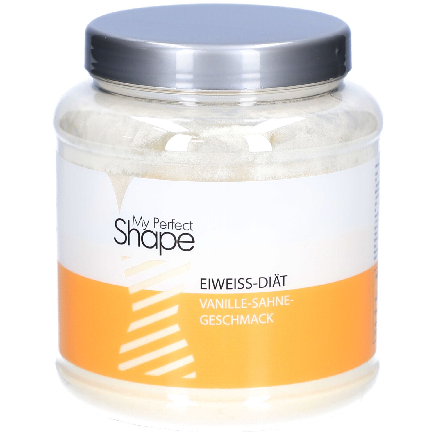 Glas mit weißem Pulver. Etikett mit "My Perfect Shape" und "Eiweiß-Diät-Shake Vanille-Sahne-Geschmack".