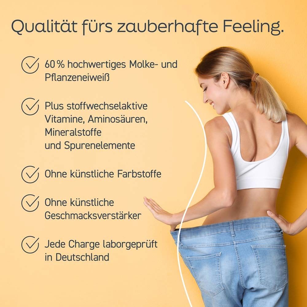 Frau mit Text: Qualität für zauberhaftes Feeling. 60% Molkeeiweiß, Vitamine, keine künstlichen Zusätze.