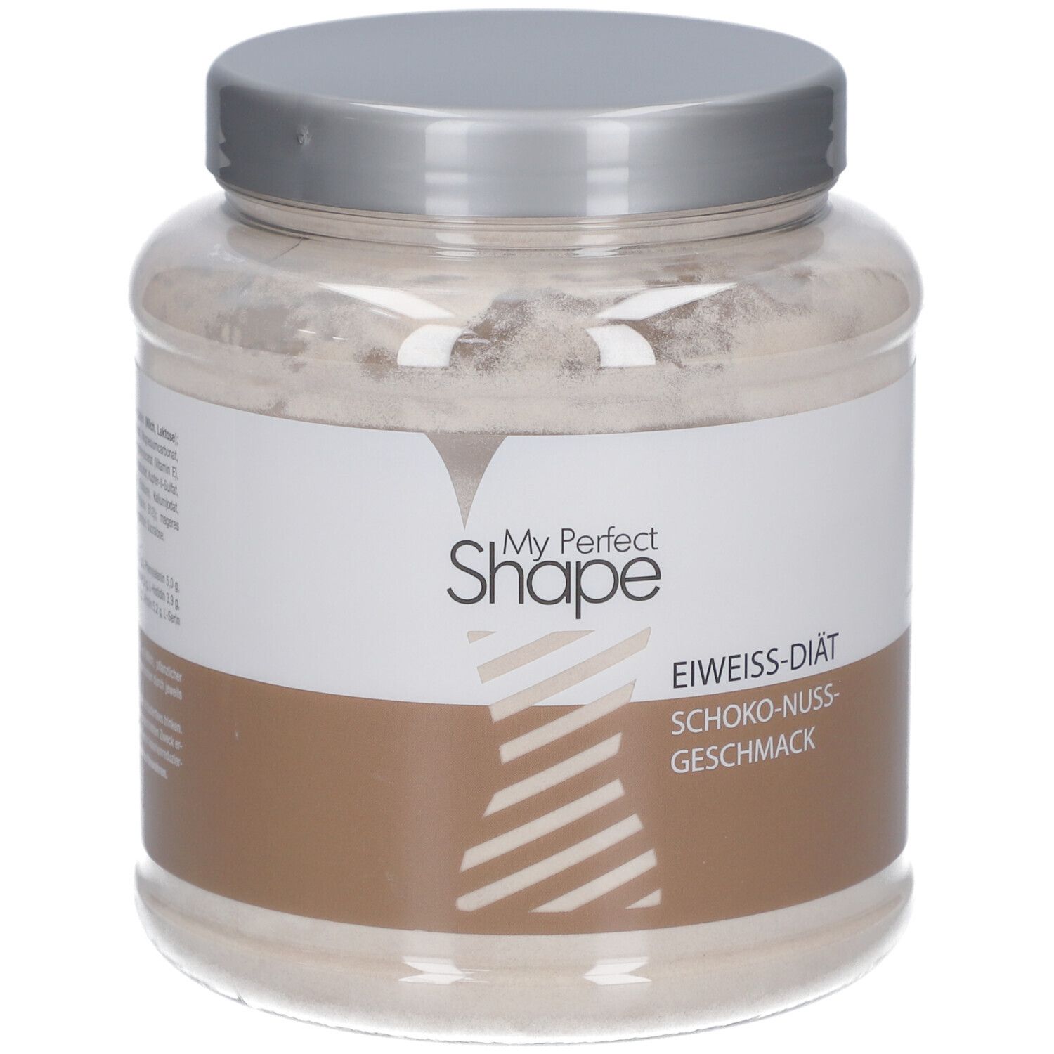Glas mit braunem Pulver. Etikett mit Logo und Text: Eiweiß-Diät, Schoko-Nuss-Geschmack.