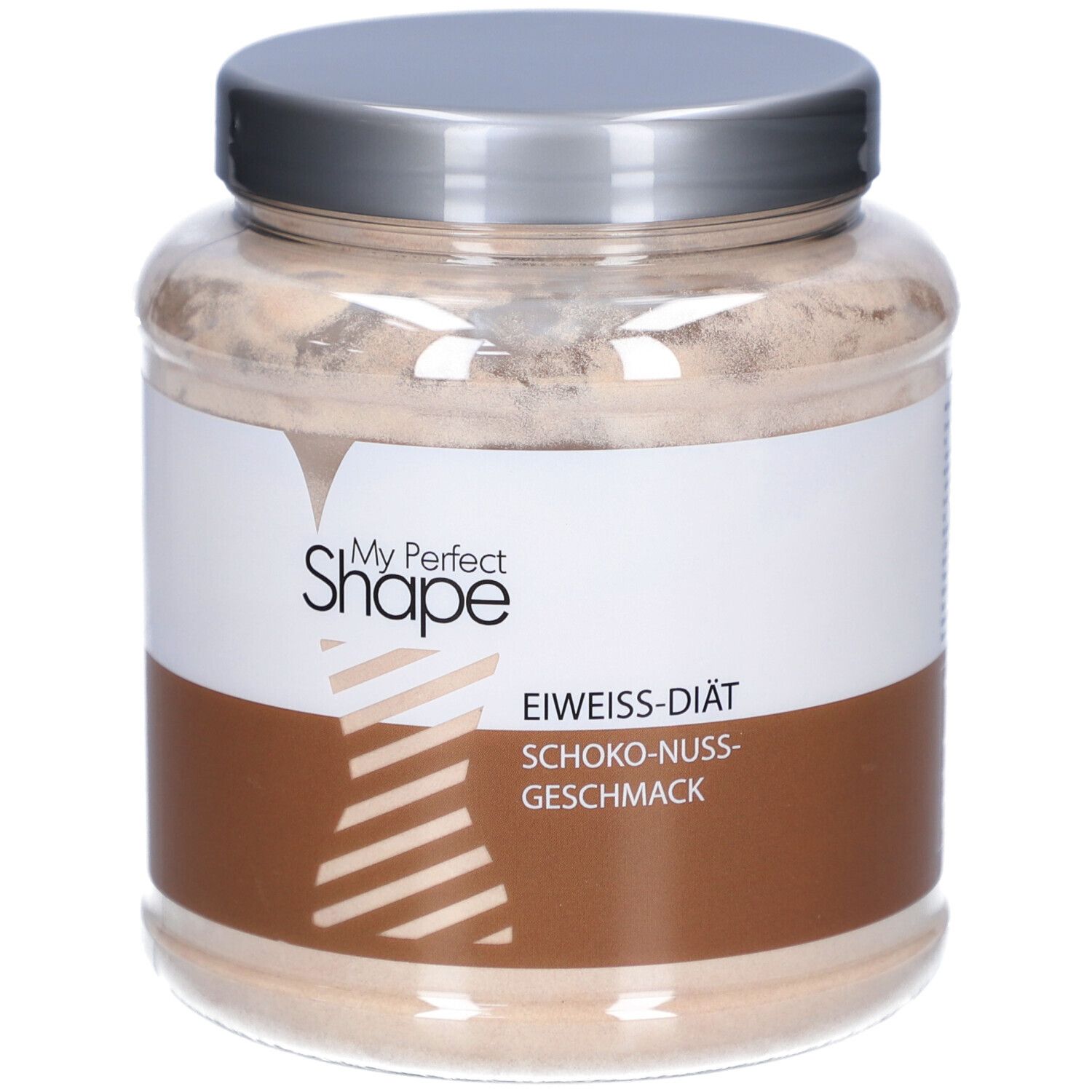 Glas mit braunem Pulver. Etikett mit Logo und Text: Eiweiß-Diät, Schoko-Nuss-Geschmack.