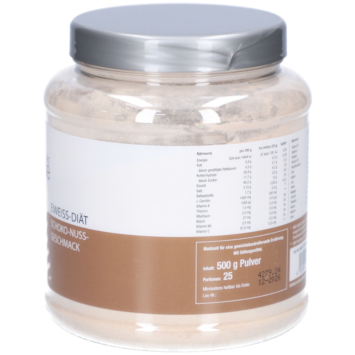 Rückseite des Glases mit Nährwerttabelle und Text.