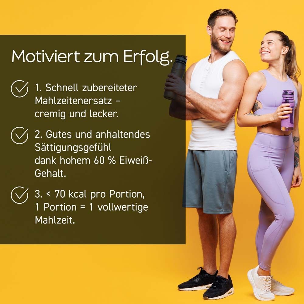 Paar mit Text: Motiviert zum Erfolg. 60% Eiweiß, <70 kcal pro Portion. Mahlzeitenersatz.