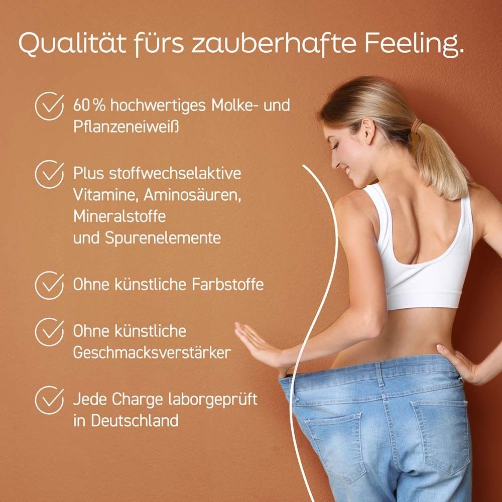 Frau mit Text: Qualität für zauberhaftes Feeling. 60% Molke- und Pflanzeneiweiß, ohne künstliche Zusätze.
