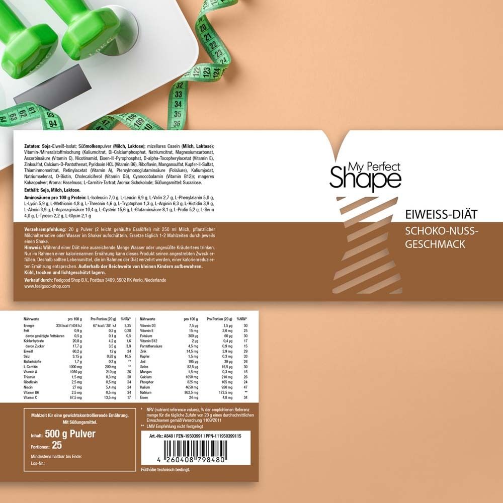 Verpackung mit Nährwerttabelle und Text: My Perfect Shape, Eiweiß-Diät, Schoko-Nuss-Geschmack.
